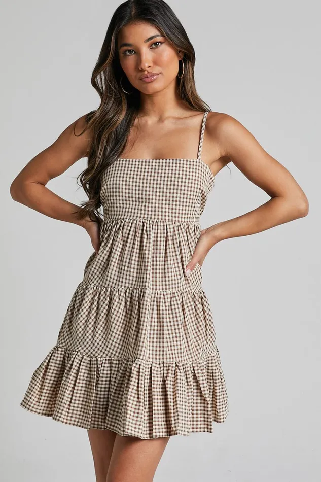 Lorelle Mini Dress 8211 Straight Neck Tiered Dress In Brown Check Gingham Women Showpo Dresses