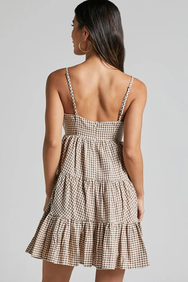 Lorelle Mini Dress 8211 Straight Neck Tiered Dress In Brown Check Gingham Women Showpo Dresses
