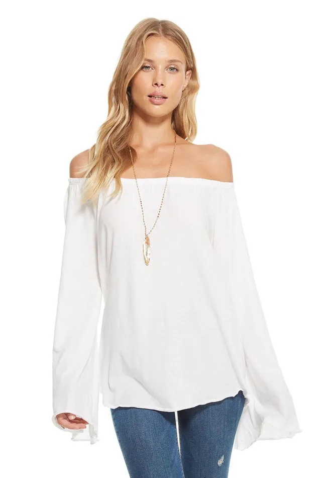 Loungewear Chaser Brand Womens GAUZY COTTON JERSEY SMOCKED OFF SHOULDER BELL SLEEVE TOP