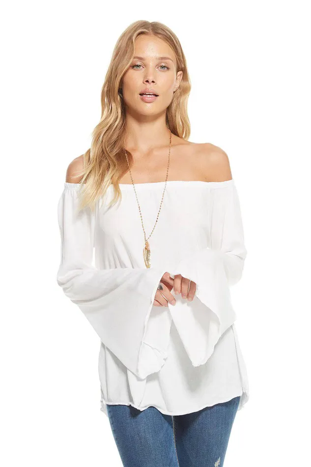 Loungewear Chaser Brand Womens GAUZY COTTON JERSEY SMOCKED OFF SHOULDER BELL SLEEVE TOP