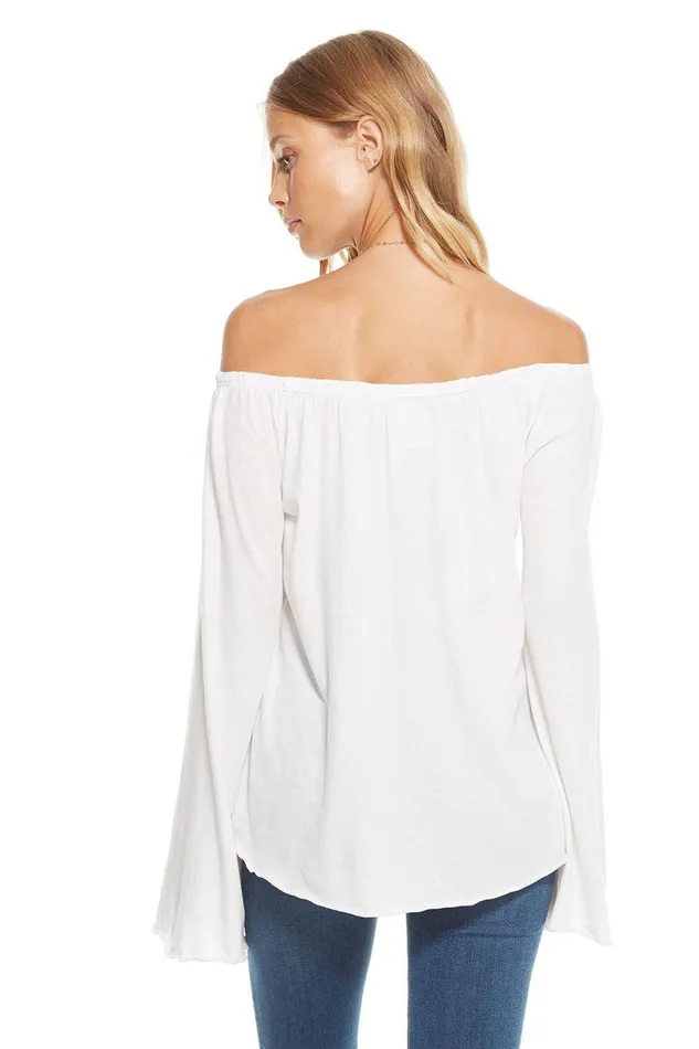 Loungewear Chaser Brand Womens GAUZY COTTON JERSEY SMOCKED OFF SHOULDER BELL SLEEVE TOP