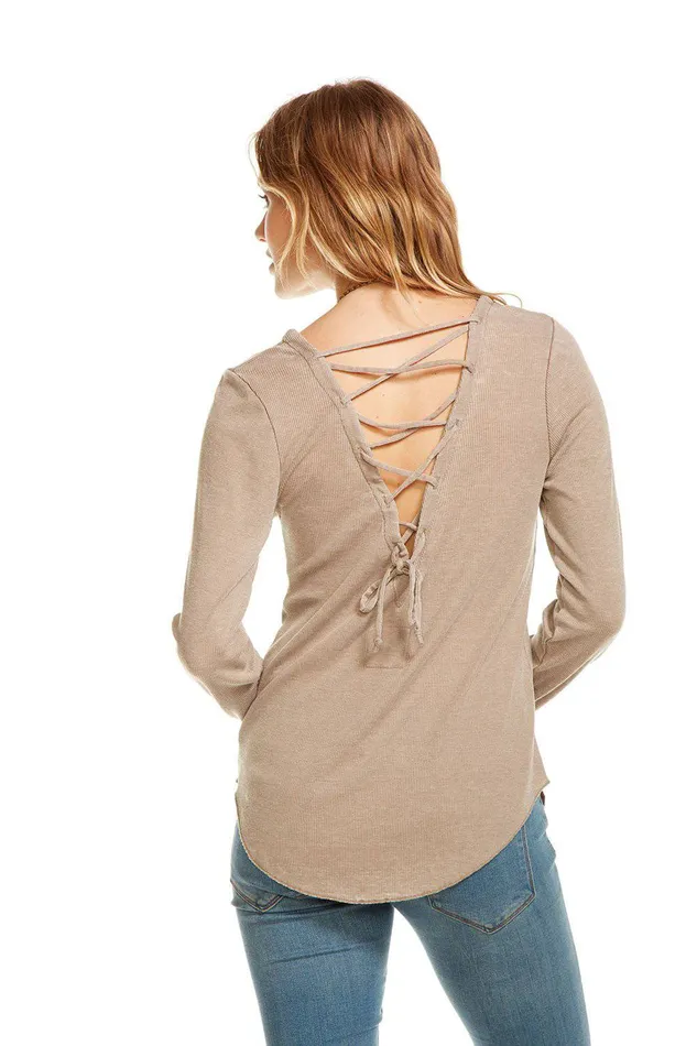 Loungewear Chaser Brand Womens VINTAGE RIB LS LACE BACK SHIRTTAIL TEE
