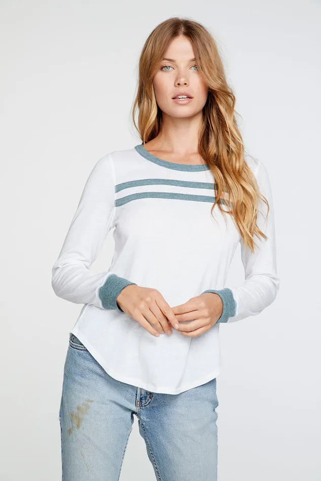 Loungewear Womens Long Sleeve Tee in White with Aqua Blue Strappings Chaser Brand