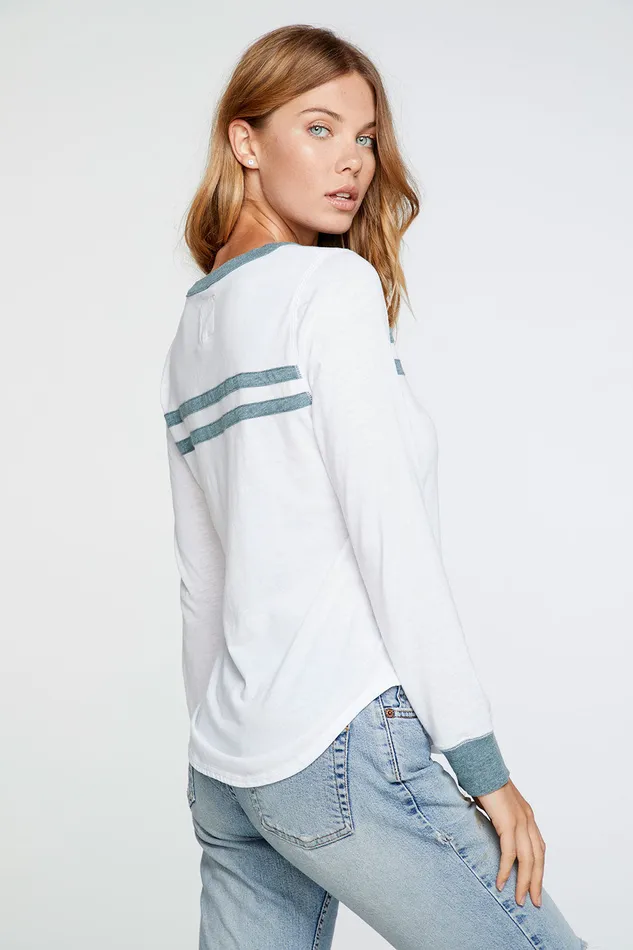 Loungewear Womens Long Sleeve Tee in White with Aqua Blue Strappings Chaser Brand