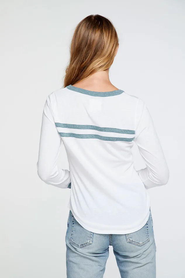Loungewear Womens Long Sleeve Tee in White with Aqua Blue Strappings Chaser Brand