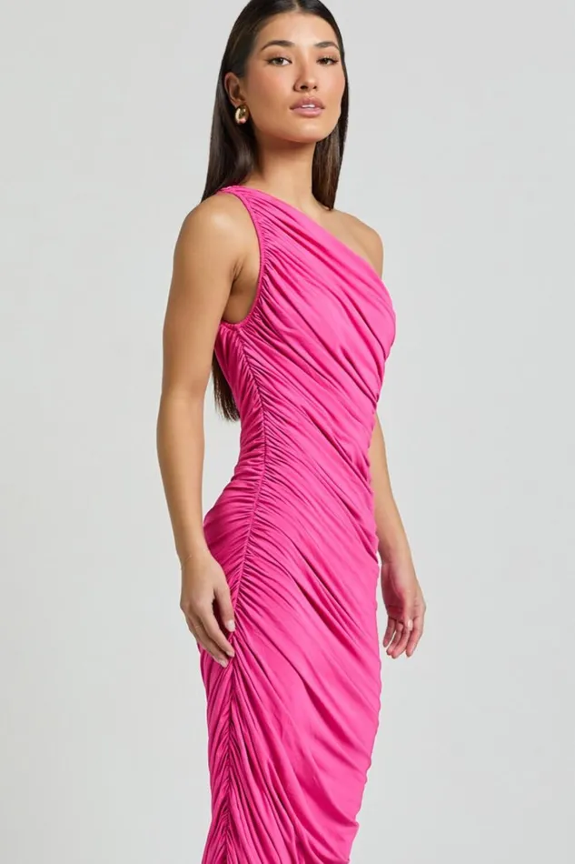 Lovlin Midi Dress 8211 One Shoulder Ruched Dress In Fuchsia Pink Women Showpo Dresses