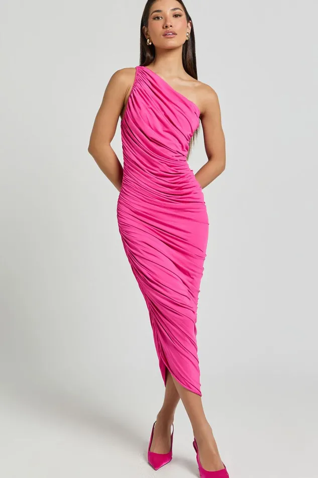Lovlin Midi Dress 8211 One Shoulder Ruched Dress In Fuchsia Pink Women Showpo Dresses