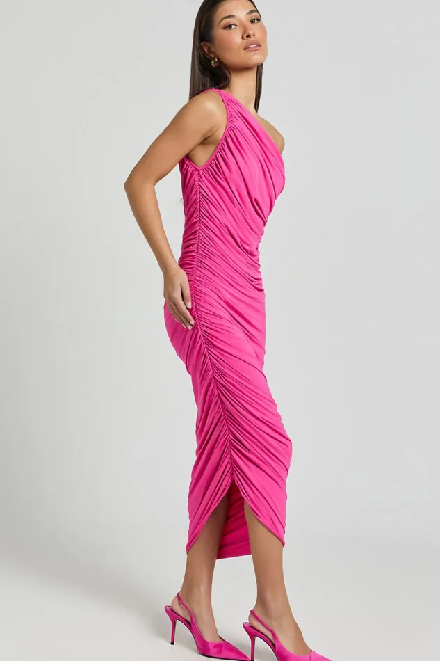 Lovlin Midi Dress 8211 One Shoulder Ruched Dress In Fuchsia Pink Women Showpo Dresses
