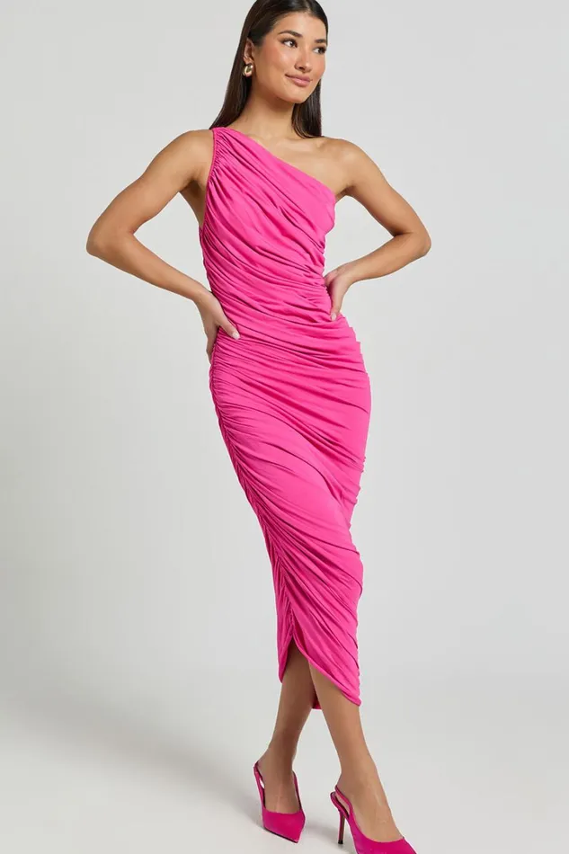 Lovlin Midi Dress 8211 One Shoulder Ruched Dress In Fuchsia Pink Women Showpo Dresses