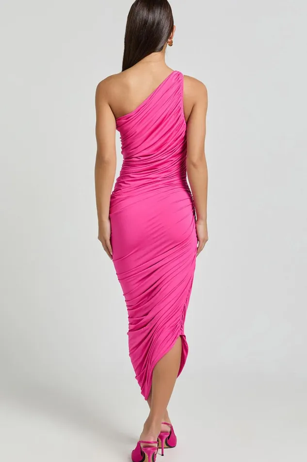 Lovlin Midi Dress 8211 One Shoulder Ruched Dress In Fuchsia Pink Women Showpo Dresses