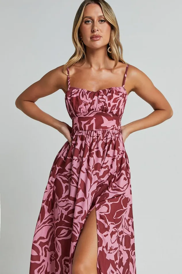 Lydie Midi Dress 8211 Strappy Ruched Bust Shirred Back Dress In Whirlwind Floral Print Women Showpo Dresses