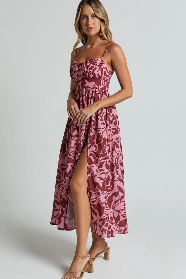 Lydie Midi Dress 8211 Strappy Ruched Bust Shirred Back Dress In Whirlwind Floral Print Women Showpo Dresses
