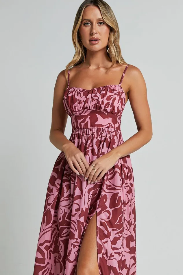 Lydie Midi Dress 8211 Strappy Ruched Bust Shirred Back Dress In Whirlwind Floral Print Women Showpo Dresses