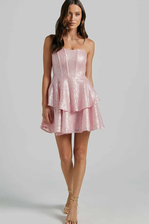 Mabel Mini Dress 8211 Strapless Sweetheart Neck Tiered In Pink Women Showpo Dresses