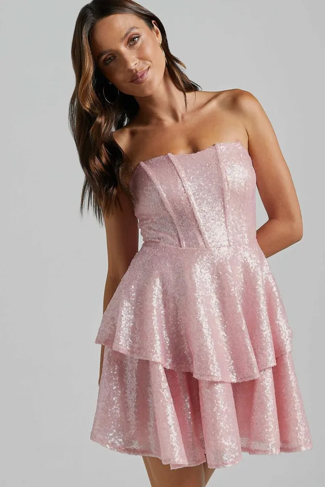 Mabel Mini Dress 8211 Strapless Sweetheart Neck Tiered In Pink Women Showpo Dresses
