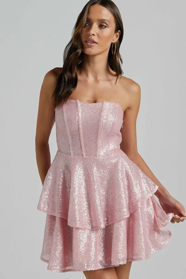 Mabel Mini Dress 8211 Strapless Sweetheart Neck Tiered In Pink Women Showpo Dresses