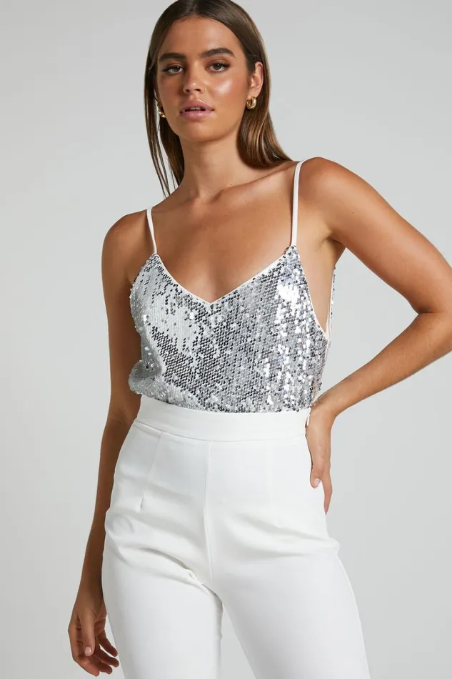 Manika Bodysuit 8211 Sequin Bodysuit In Silver Women Showpo Tops