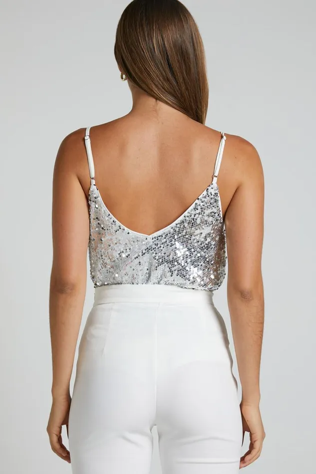 Manika Bodysuit 8211 Sequin Bodysuit In Silver Women Showpo Tops
