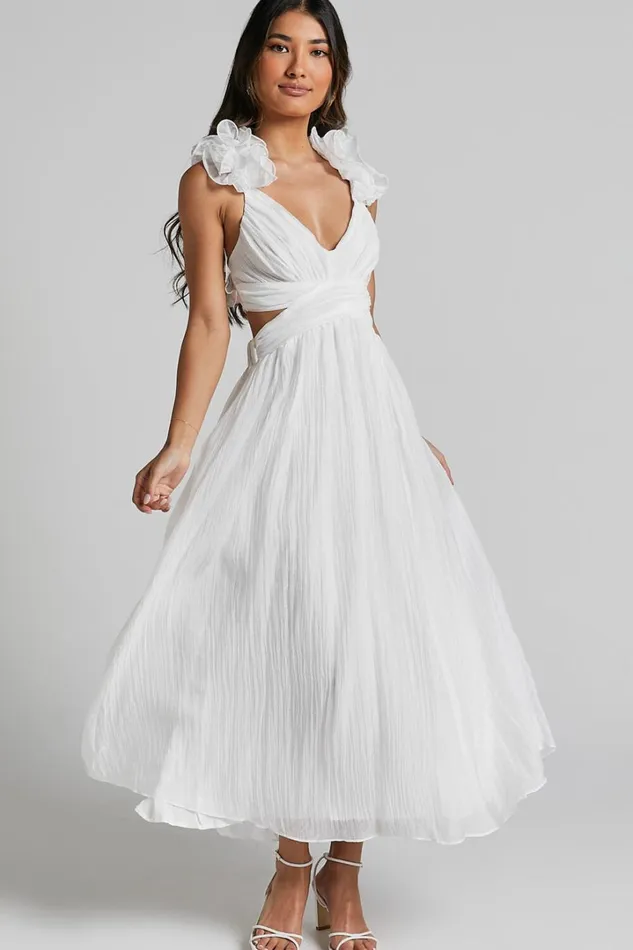 Marielly Maxi Dress 8211 Side Cut Out V Neck Ruffle Detail Sleeve Dress In White Women Showpo Dresses Marielly Maxi Dress 8211 Side Cut Out V Neck Ruffle Detail Sleeve Dress In White Women Showpo Dresses