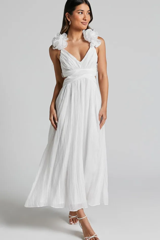 Marielly Maxi Dress 8211 Side Cut Out V Neck Ruffle Detail Sleeve Dress In White Women Showpo Dresses