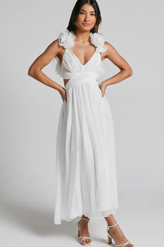 Marielly Maxi Dress 8211 Side Cut Out V Neck Ruffle Detail Sleeve Dress In White Women Showpo Dresses