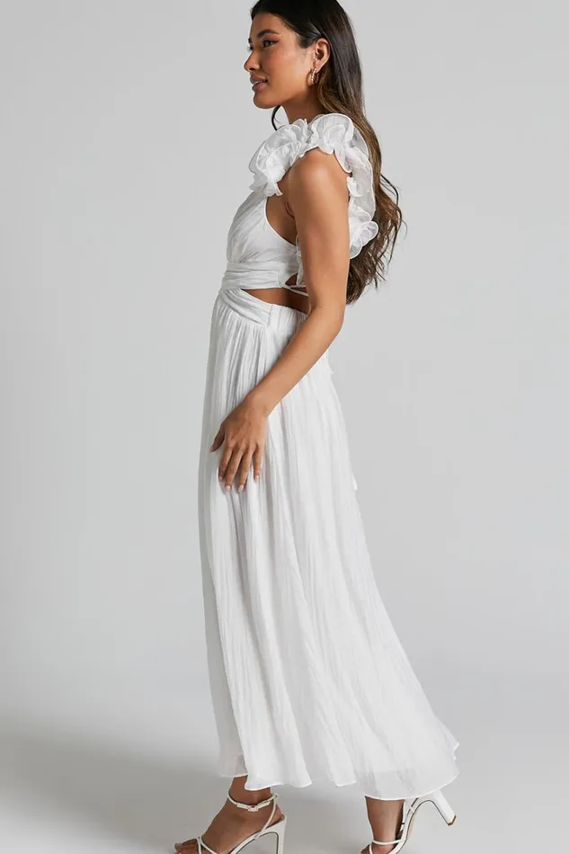 Marielly Maxi Dress 8211 Side Cut Out V Neck Ruffle Detail Sleeve Dress In White Women Showpo Dresses