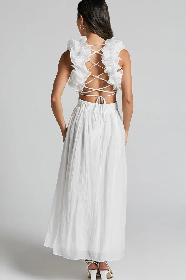 Marielly Maxi Dress 8211 Side Cut Out V Neck Ruffle Detail Sleeve Dress In White Women Showpo Dresses
