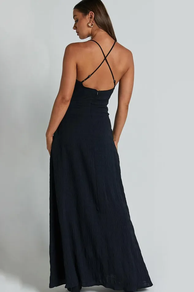 Marisse Maxi Dress 8211 Cut Out Front Split Cross Back Textured Dress In Black Women Showpo Dresses