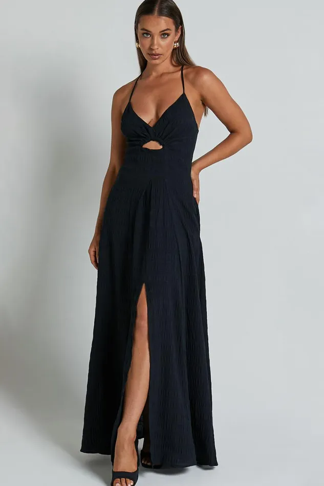 Marisse Maxi Dress 8211 Cut Out Front Split Cross Back Textured Dress In Black Women Showpo Dresses