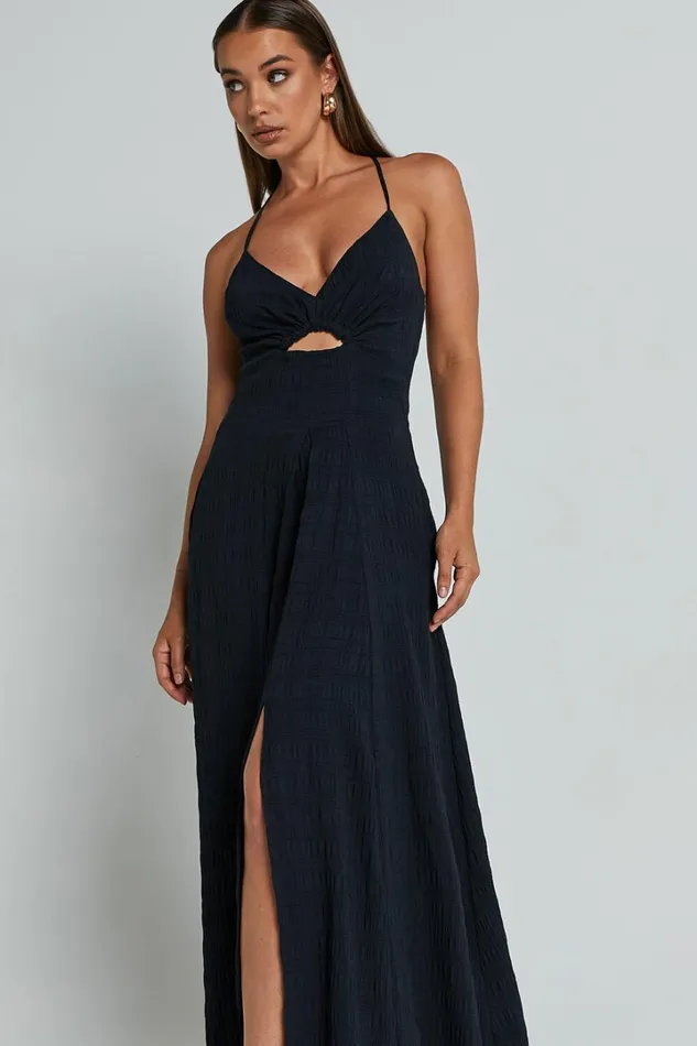 Marisse Maxi Dress 8211 Cut Out Front Split Cross Back Textured Dress In Black Women Showpo Dresses