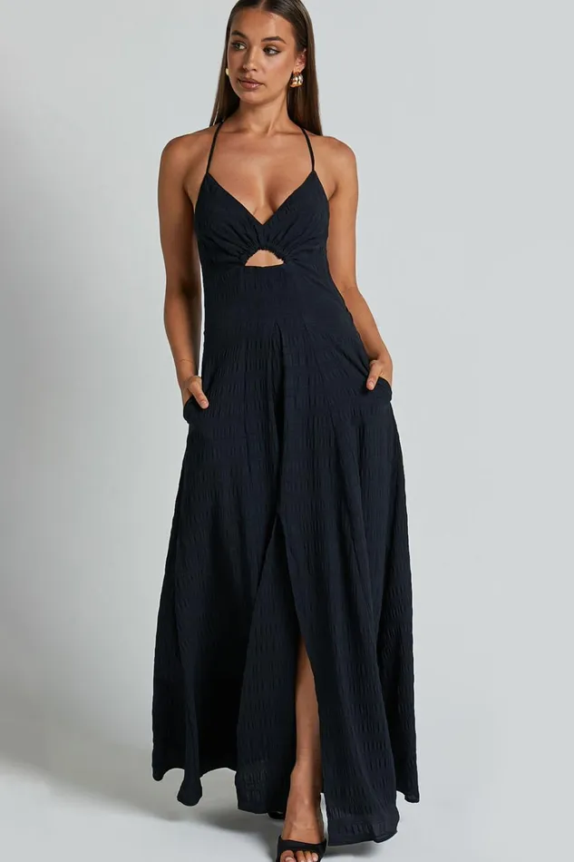 Marisse Maxi Dress 8211 Cut Out Front Split Cross Back Textured Dress In Black Women Showpo Dresses