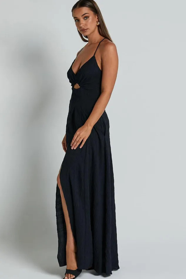 Marisse Maxi Dress 8211 Cut Out Front Split Cross Back Textured Dress In Black Women Showpo Dresses