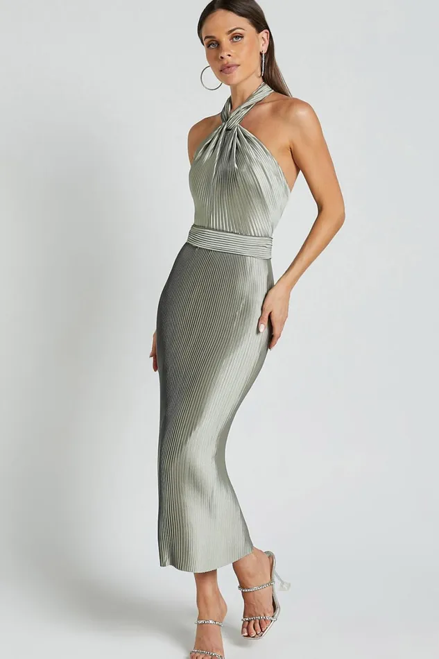 Marlette Midi Dress 8211 Pleated Open Back Halter Dress In Sage Women Showpo Curve Clothes