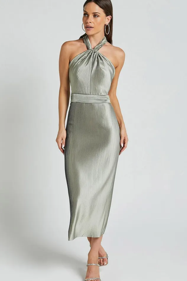 Marlette Midi Dress 8211 Pleated Open Back Halter Dress In Sage Women Showpo Curve Clothes