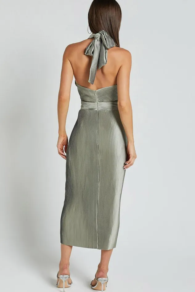 Marlette Midi Dress 8211 Pleated Open Back Halter Dress In Sage Women Showpo Curve Clothes