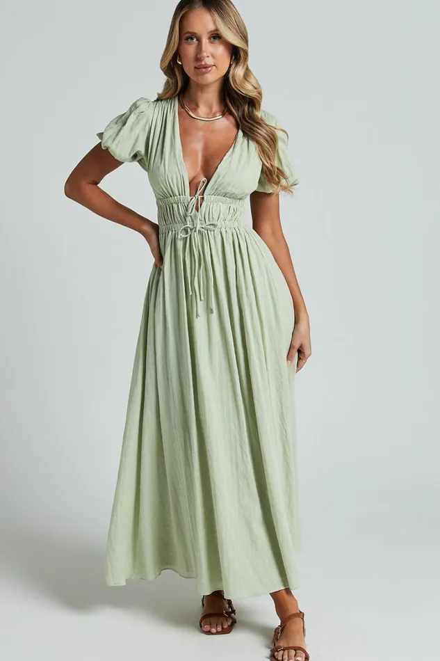 Matteo Midi Dress 8211 Deep V Neck Puff Sleeve Dress In Sage Women Showpo Dresses