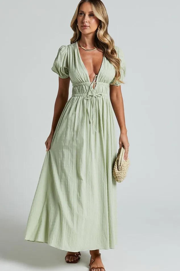Matteo Midi Dress 8211 Deep V Neck Puff Sleeve Dress In Sage Women Showpo Dresses