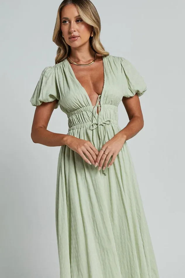 Matteo Midi Dress 8211 Deep V Neck Puff Sleeve Dress In Sage Women Showpo Dresses