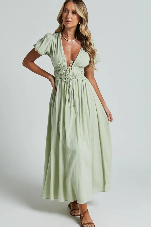 Matteo Midi Dress 8211 Deep V Neck Puff Sleeve Dress In Sage Women Showpo Dresses