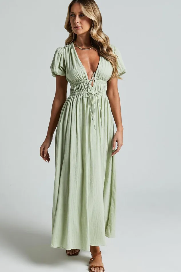 Matteo Midi Dress 8211 Deep V Neck Puff Sleeve Dress In Sage Women Showpo Dresses