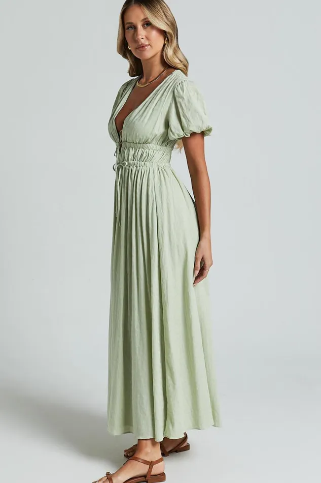 Matteo Midi Dress 8211 Deep V Neck Puff Sleeve Dress In Sage Women Showpo Dresses