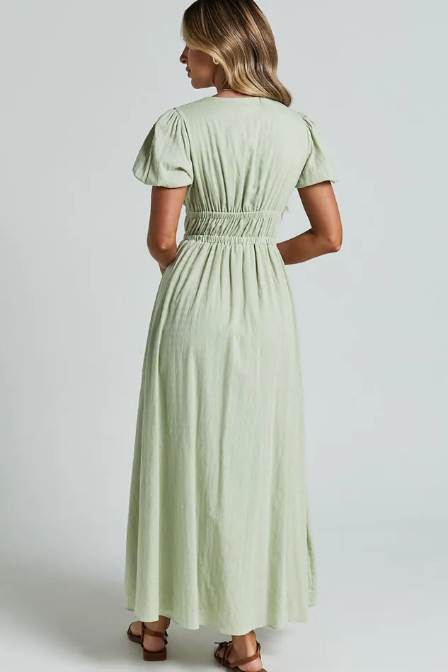 Matteo Midi Dress 8211 Deep V Neck Puff Sleeve Dress In Sage Women Showpo Dresses