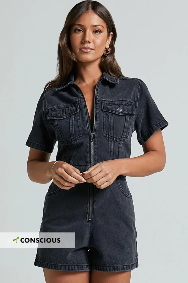 Mauriel Playsuit 8211 Recycled Cotton Utility Playsuit In Washed Black Women Showpo Rompers Mauriel Playsuit 8211 Recycled Cotton Utility Playsuit In Washed Black Women Showpo Rompers