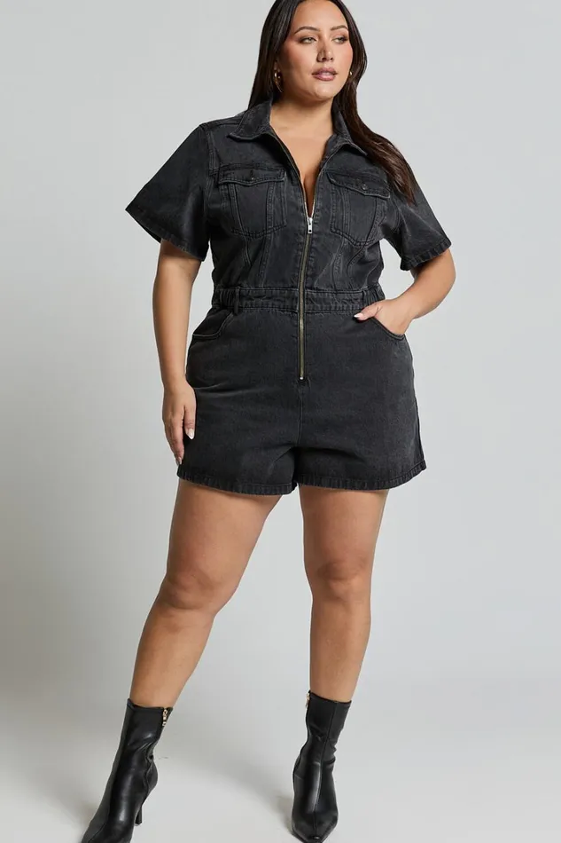 Mauriel Playsuit 8211 Recycled Cotton Utility Playsuit In Washed Black Women Showpo Rompers