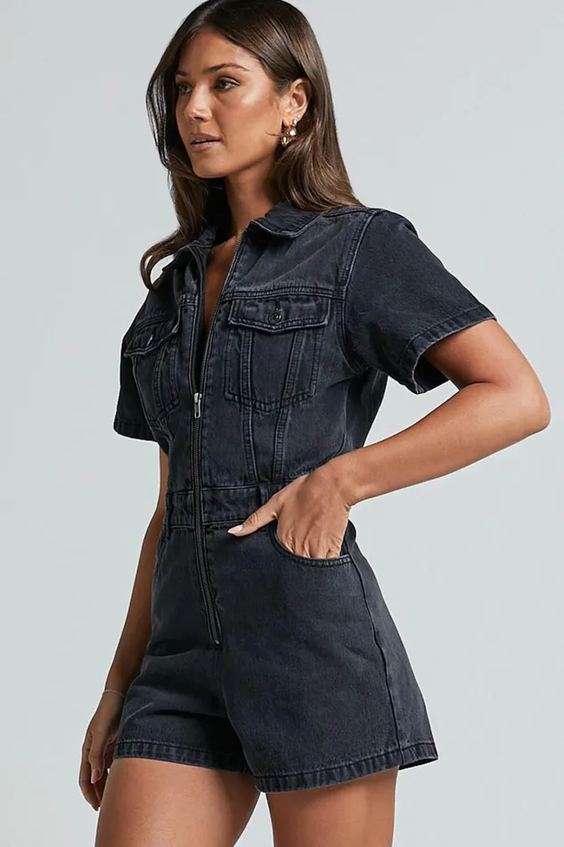 Mauriel Playsuit 8211 Recycled Cotton Utility Playsuit In Washed Black Women Showpo Rompers