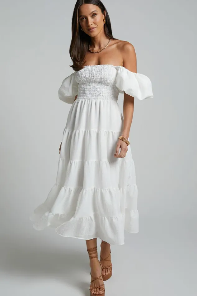 Maxima Midi Dress 8211 Puff Sleeve Shirred Bodice Tiered Dress In White Women Showpo Maternity Clothes Maxima Midi Dress 8211 Puff Sleeve Shirred Bodice Tiered Dress In White Women Showpo Maternity Clothes