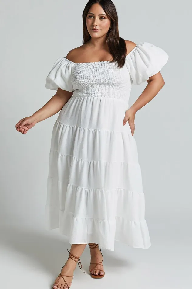 Maxima Midi Dress 8211 Puff Sleeve Shirred Bodice Tiered Dress In White Women Showpo Maternity Clothes