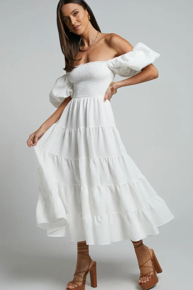 Maxima Midi Dress 8211 Puff Sleeve Shirred Bodice Tiered Dress In White Women Showpo Maternity Clothes