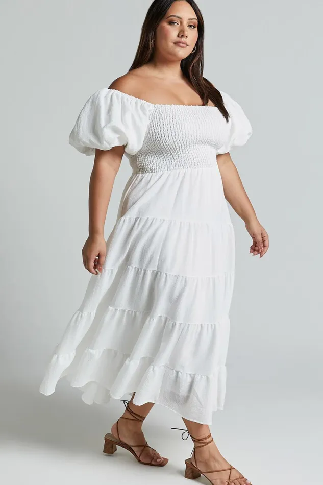 Maxima Midi Dress 8211 Puff Sleeve Shirred Bodice Tiered Dress In White Women Showpo Maternity Clothes