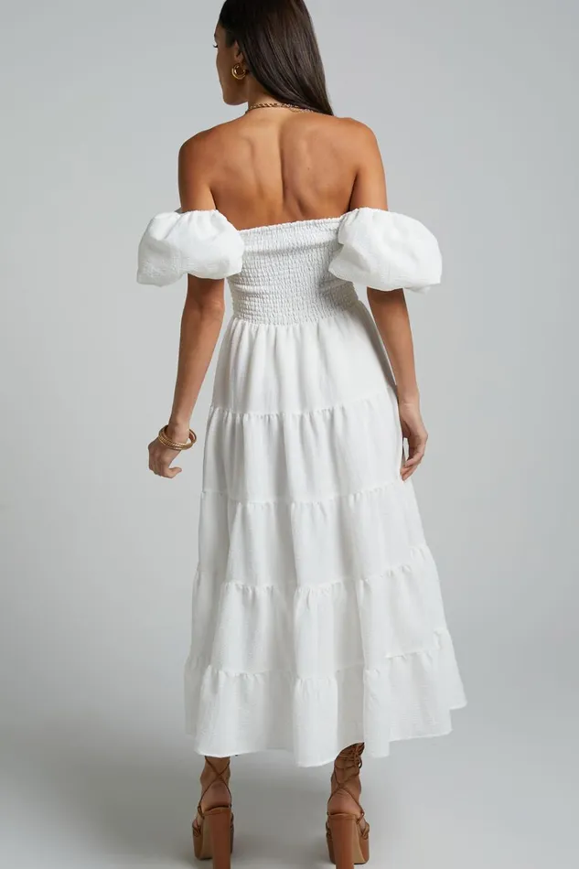 Maxima Midi Dress 8211 Puff Sleeve Shirred Bodice Tiered Dress In White Women Showpo Maternity Clothes